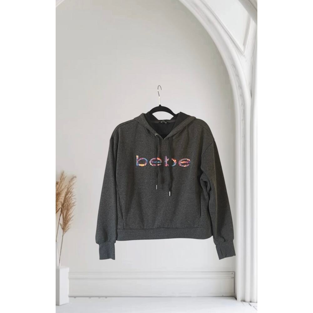 BEBE Charcoal Sequin Hoodie Pockets Size Large